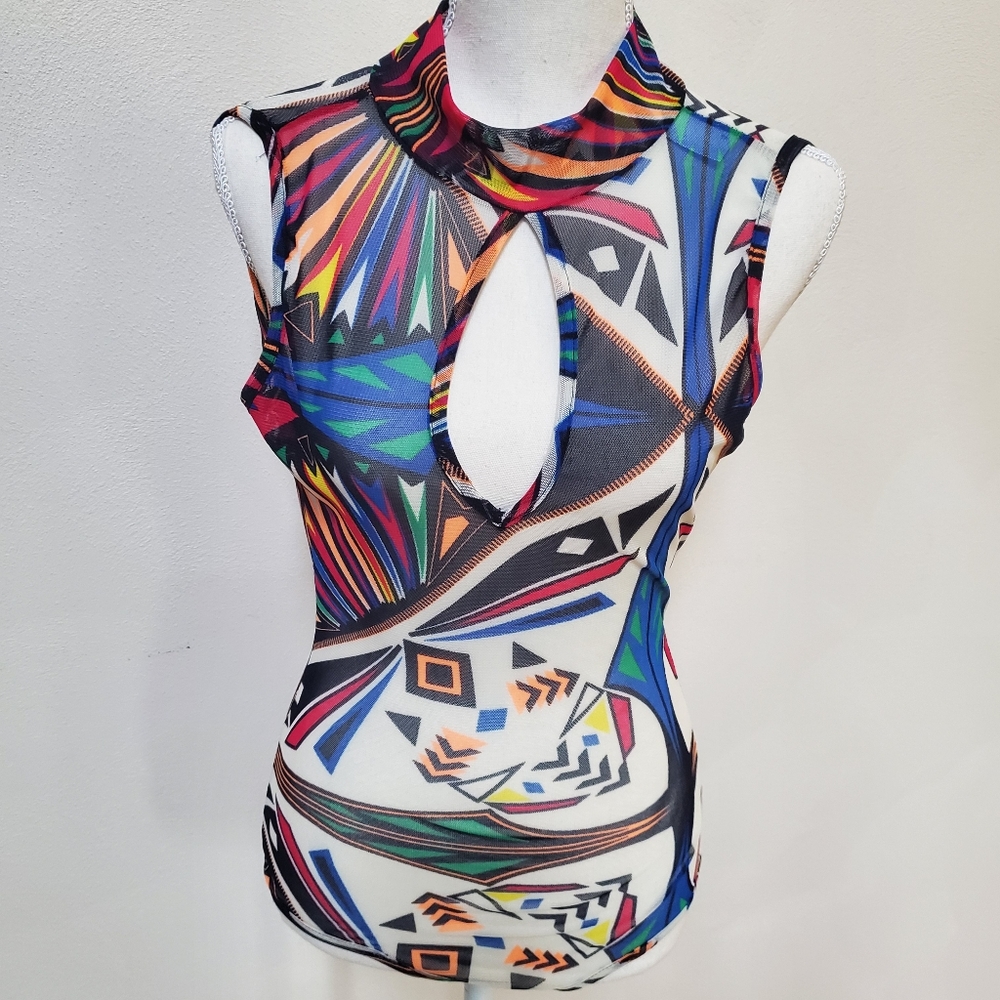 Topia multicolor geometric sheer lightweight bodysuit dance costume size medium